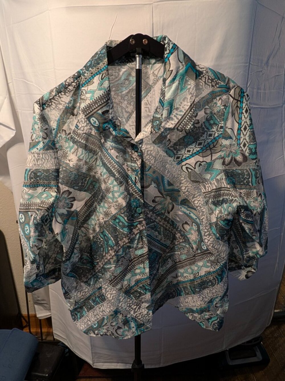 ELEMENTZ Blouse Sz L Green/Blue Floral Linen Sheer Button Up Top Exclnt